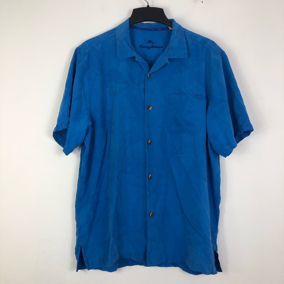 Tommy Bahama Mens Large 100% Silk Camp Shirt Blue Short Sleeve Textured STAINS - Picture 1 of 7